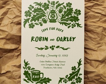 Vorlage für eine rustikale Hochzeitseinladung im Waldstil | Camping-Einladung im Freien | Bearbeitbare Canva-Karte (5x7 & 4x6 Zoll) | Handgezeichnetes rustikales Walddesign