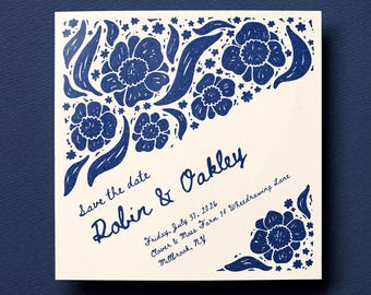 Tarjeta de invitación estilo linograbado vintage / Diseño floral dibujado a mano / Plantilla editable de tarjeta cuadrada en Canva / Boda bohemia en el jardín
