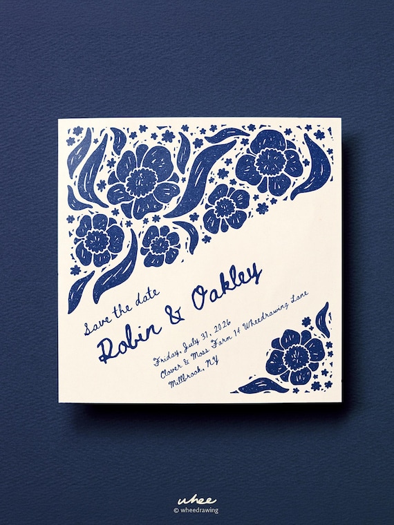 Vintage Linocut Style Save The Date | Hand Drawn Floral | Editable Square Card Canva Template | Boho Garden Wedding