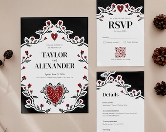 Invitación de boda con corazón gótico dibujado a mano - Plantilla editable de Canva