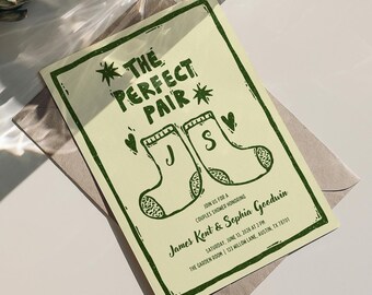 Plantilla de invitación para despedida de solteros - Diseño de iniciales de calcetines a juego dibujados a mano estilo linograbado, invitación editable en Canva.