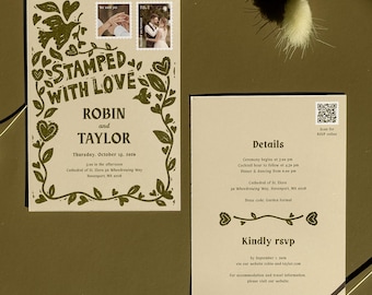 Hochzeitseinladungsvorlage im Vintage-Stil | Fotorahmen im Boho-Linolschnitt-Stil | Handgezeichnete, bearbeitbare Canva-Vorlage zum Ausdrucken