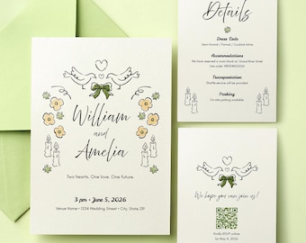 Plantilla de Canva editable para invitaciones de boda románticas y caprichosas dibujadas a mano.