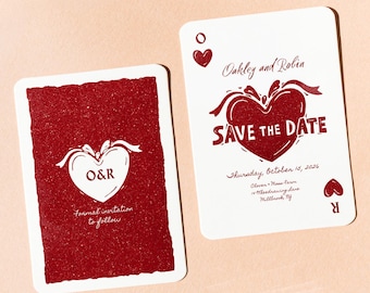 Playing Card Save the Date Template | Linocut Style Hand Drawn Heart | Retro Casino Card | Editable Wedding Inivite