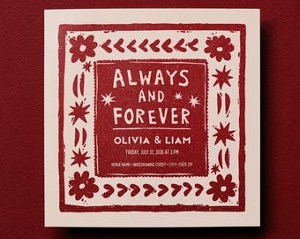 Plantilla de invitación de boda rústica / Diseño de sello dibujado a mano estilo linograbado "Siempre y para siempre" / Invitación editable en Canva