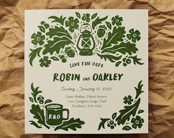 Vorlage für eine rustikale Hochzeitseinladung im Waldstil | Camping-Einladung im Freien | Bearbeitbare quadratische Canva-Karte | Handgezeichnetes rustikales Walddesign