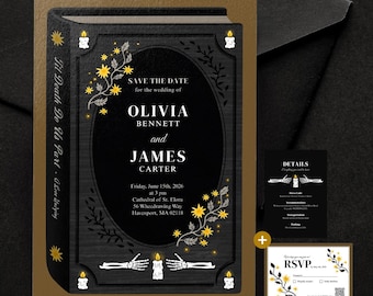 Plantilla de Canva editable para invitación de boda con portada de libro gótica dibujada a mano