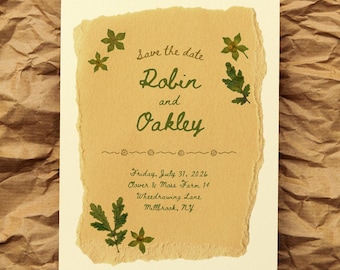 Plantilla de invitación "Reserva la fecha" con flores silvestres prensadas / Canva editable / Papel kraft rasgado / Boda botánica estilo cottagecore