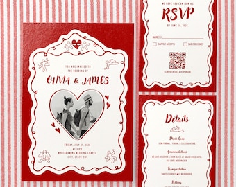 Conjunto de invitaciones de boda con corazones estilo doodle / Dibujo a mano alzada / Plantilla editable de Canva