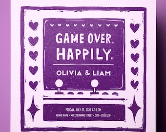 Plantilla de invitación de boda con temática de videojuegos retro / Invitación arcade dibujada a mano al estilo linograbado, editable en Canva.