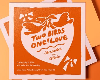 Plantilla de invitación de boda retro / Pájaros y corazón dibujados a mano al estilo linograbado / Invitación cuadrada editable en Canva