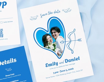 Invitación de boda con foto y corazón - Plantilla editable de Canva