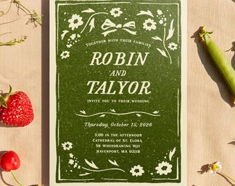 Cottagecore Wedding Invitation Template | Linocut Style Hand Drawn Stamp Design | Editable Canva Invite