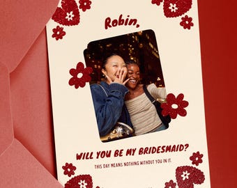 Tarjeta de propuesta de dama de honor con foto estilo bohemio / ¿Quieres ser mi dama de honor? con un toque caprichoso y dibujado a mano / Plantilla personalizada de Canva