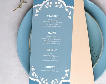 Klassische Hochzeitsmenükarte mit Spitze | Romantisches, handgezeichnetes Blumendesign | Bearbeitbare Canva-Menükarte | CL1