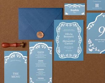 Klassische Hochzeitspapeterie aus Spitze | Handgezeichnetes Spitzen-Set | Einladungen | Menükarten | Tischkarten | Bearbeitbares Canva | CL1
