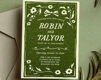 Plantilla de invitación de boda estilo cottagecore / Diseño de sello dibujado a mano estilo linograbado / Invitación editable en Canva
