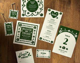 Paquete de papelería rústica para bodas en jardines / Estilo linograbado, dibujado a mano / Invitación, menú, tarjeta de lugar, número de mesa / Editable en Canva / RL1