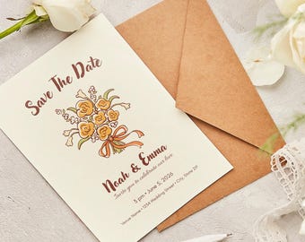 Invitación de boda con ramo de rosas dibujado a mano - Plantilla editable de Canva