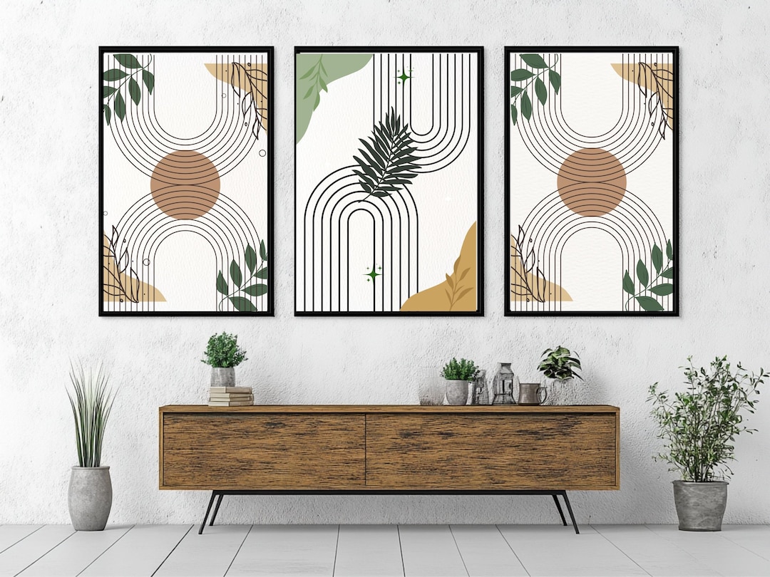 Mid Century Modern Wall Decor, Set of 3 – Green Abstract Leaf Print ...