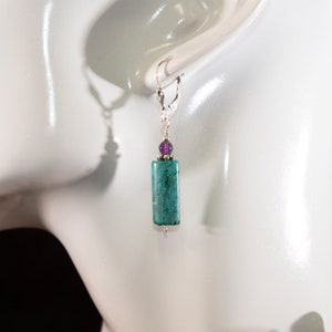Chrysocolla and Amethyst Earrings Suspended from Sterling Silver Fleur-de-lis Leverback Earrings, Wire Wrapped with Bali Silver Daisy Spacer
