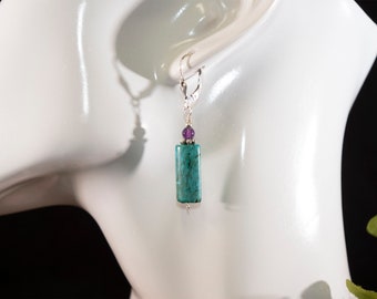 Chrysocolla and Amethyst Earrings Suspended from Sterling Silver Fleur-de-lis Leverback Earrings, Wire Wrapped with Bali Silver Daisy Spacer