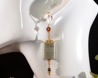 Gold Filled Green Jasper Earrings with Hematite and Root Beer Crystal Suspended from Leverback Earring Tops