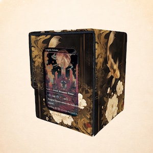 Scatola porta carte Koi giapponese, scatola porta carte collezionabili Peonia nera e oro, elegante porta carte MTG TCG Carpa portafortuna, Koi Peonia dorata