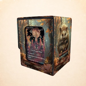 Könnte beinhalten: Eine Kartenaufbewahrungsbox mit einem Wald- und Igeldesign. Die Box zeigt eine Karte mit einer Fantasielandschaft und Text. Die Box ist braun, mit einer Waldszene und einer niedlichen Igel-Illustration.