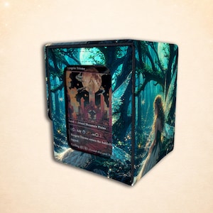 May include: A rectangular deck box featuring a dark forest scene with a fairy figure and a central window displaying a Raugrin Triome trading card. The artwork depicts glowing blue trees, a full moon, and a character with translucent wings.
