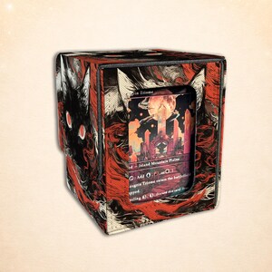 May include: A square deck box featuring a black cat illustration with glowing red eyes and red, black, and white swirling patterns. A rectangular window on the front displays a trading card with a landscape illustration of a moon and crystals.