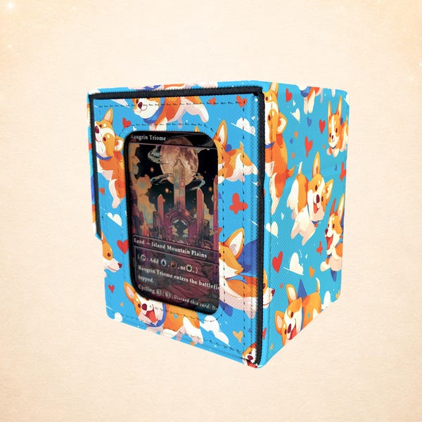 MTG Deck Box, Cute Dog Card Box with Commander Display Window, Holds 100+ Sleeved Cards, TCG Gift,Corgi Sky Parade