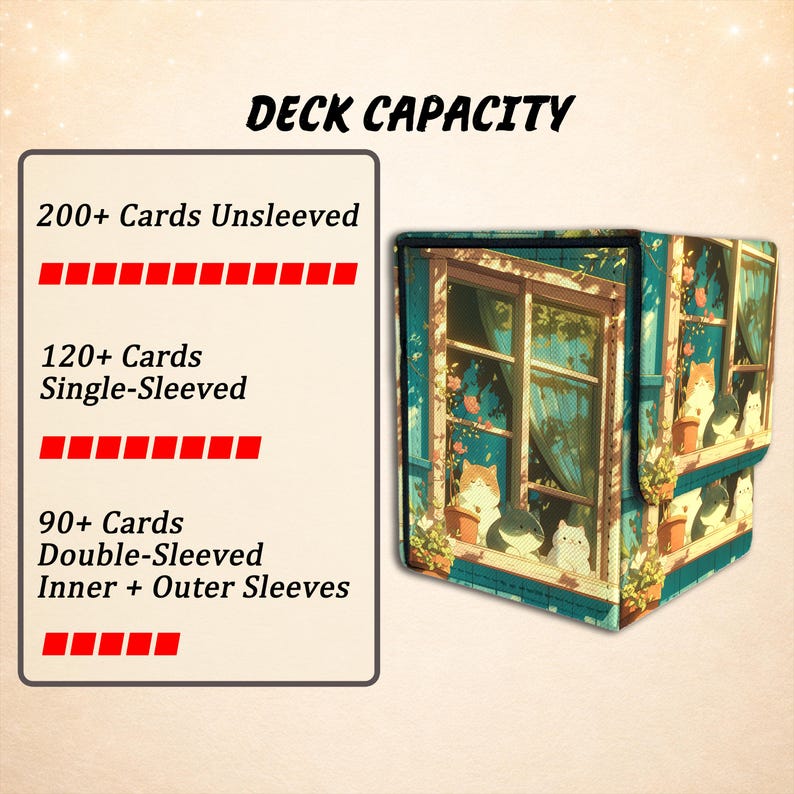 Puede incluir: Una caja para barajas cuadrada con una ilustraci&oacute;n de gatos en una ventana. El texto a la izquierda dice DECK CAPACITY, 200+ Cards Unsleeved, 120+ Cards Single-Sleeved y 90+ Cards Double-Sleeved Inner + Outer Sleeves con barras rojas.