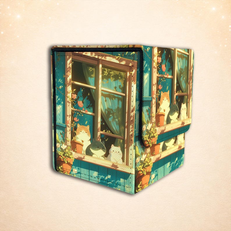 Puede incluir: Una caja de almacenamiento rectangular con una ilustraci&oacute;n impresa de gatos sentados en el alf&eacute;izar de una ventana. El dise&ntilde;o incluye marcos de ventana azules, plantas en macetas con flores rosas y varios gatos en tonos naranja, gris y blanco.