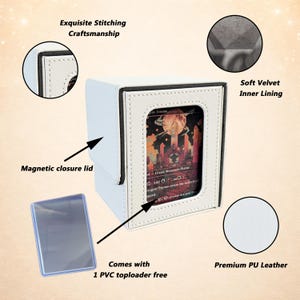 Puede incluir: Una caja blanca para cartas coleccionables con tapa de cierre magn&eacute;tico, costuras visibles y forro interior de terciopelo suave. Incluye un protector de cartas de PVC transparente y muestra una carta con ilustraci&oacute;n de fantas&iacute;a.