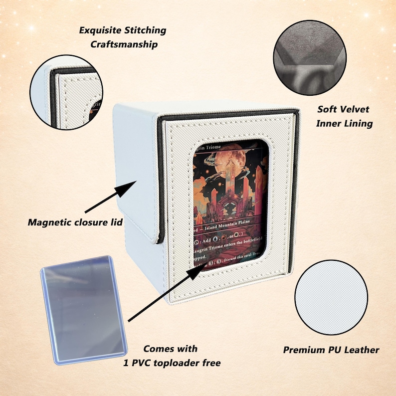 Puede incluir: Una caja blanca para cartas coleccionables con tapa de cierre magn&eacute;tico, costuras visibles y forro interior de terciopelo suave. Incluye un protector de cartas de PVC transparente y muestra una carta con ilustraci&oacute;n de fantas&iacute;a.