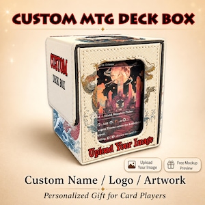 May include: A custom MTG deck box with the text "CUSTOM MTG DECK BOX". The box is white with a card image visible. The box has a flap with a wave design. The text "Upload Your Image" is visible.