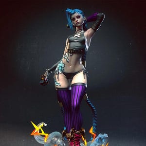 May include: A detailed figurine of a female character with blue hair, wearing a black top, underwear, and purple striped stockings. The figure is posed on a base with stylized flames and a "Wanted" sign.