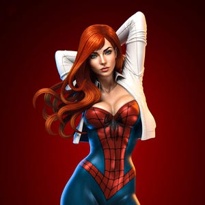 Puede incluir: Ilustración digital de una mujer con un traje de superhéroe azul y rojo con un diseño de telaraña. Tiene el pelo largo y rojo y lleva una chaqueta blanca. El fondo es rojo liso.