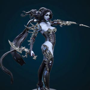 May include: A detailed figurine of a female fantasy character with pale skin, black hair, and dark clothing. She is holding two ornate blades and is posed on a black circular base. The figure has silver and gold accents.