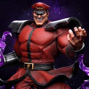 May include: A detailed figurine of a muscular character in a red uniform with black accents. The figure has a stern expression, a red cap, and a black belt with a gold buckle. Purple energy emanates from the figure's hand.