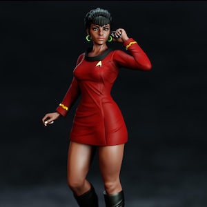 May include: A 3D-rendered figure of a woman in a red dress with black boots. The dress has a black collar and yellow accents on the sleeves. She wears green hoop earrings and has a Starfleet insignia on the chest.