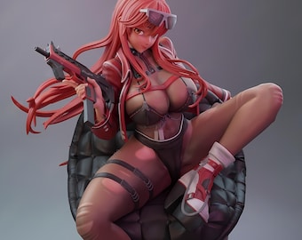 May include: A detailed figurine of a woman with long red hair, wearing a red jacket, black bodysuit, and white-and-red shoes. She is seated on a black chair and holding a red and black rifle. The figurine has a futuristic aesthetic.