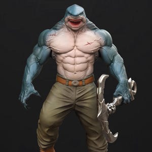 May include: A detailed statue of a humanoid shark creature with a muscular physique, wearing tan pants, a brown belt, and orange boots. It holds a silver weapon and stands on a stone base with chains.