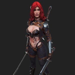 Puede incluir: Figura detallada de una mujer guerrera con cabello rojo, vestida con una armadura de cuero oscuro y sosteniendo dos espadas. La figura se encuentra sobre una base de madera, mostrando detalles intrincados en el diseño del atuendo y las armas del personaje.