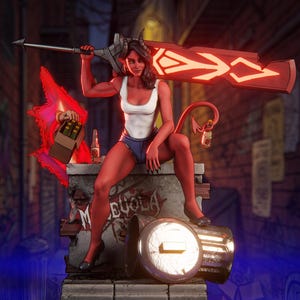 May include: A red-skinned figure with horns and a tail, wearing a white tank top and denim shorts, holding a large weapon. The figure is seated on a stone structure with the word "MEGOLA" visible. A beer bottle is in the tail.