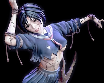 May include: A detailed figurine of a person in a school uniform, with a cracked, porcelain-like appearance. The figure is bound with rope, and the clothing is torn. The color palette is primarily blue, white, and beige, with a dark background.