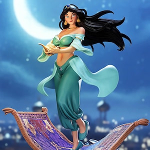 May include: A figurine of a woman in teal attire, holding a golden lamp, standing on a patterned magic carpet. The woman has long black hair and is set against a backdrop of a moon and a city skyline.