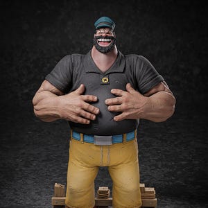 May include: A detailed figurine of Popeye the Sailor Man. The figure is muscular, with a dark grey shirt, yellow pants, and brown boots. He wears a blue cap and has a wide, toothy grin. The figure stands on a wooden platform.