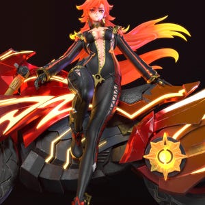 May include: A detailed figurine of a woman with fiery red hair and a black and gold outfit, posed on a red and gold motorcycle. The motorcycle has intricate details and glowing accents, creating a dynamic and stylized appearance. The figurine's pose is confident and the overall aesthetic is fantasy-themed.